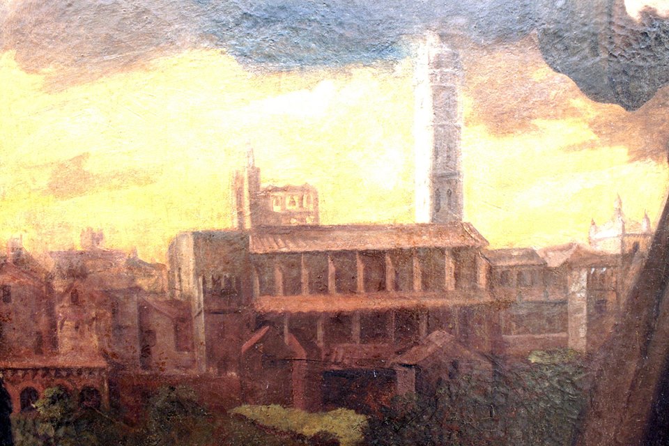 Ortona, la Cattedrale di San Tommaso nel 1640 vista da Via Tripoli. Tratto da un particolare del quadro di Giovan Battista Spinelli, custodito nel Museo Diocesano di Ortona.